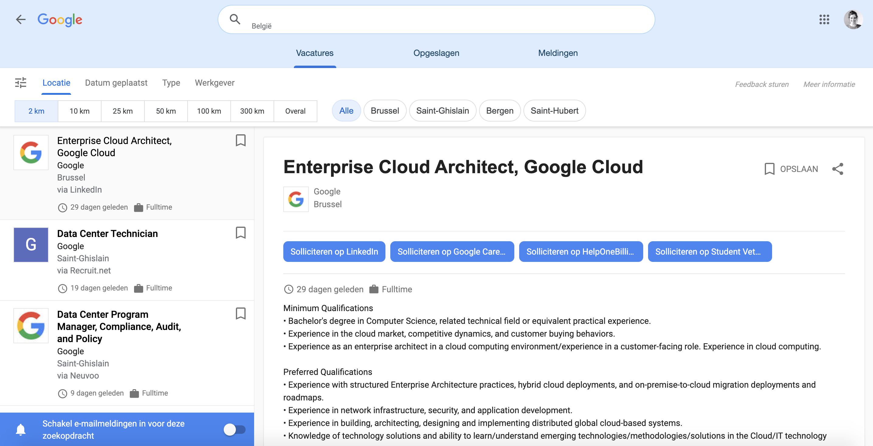 Screenshot Google for Jobs België