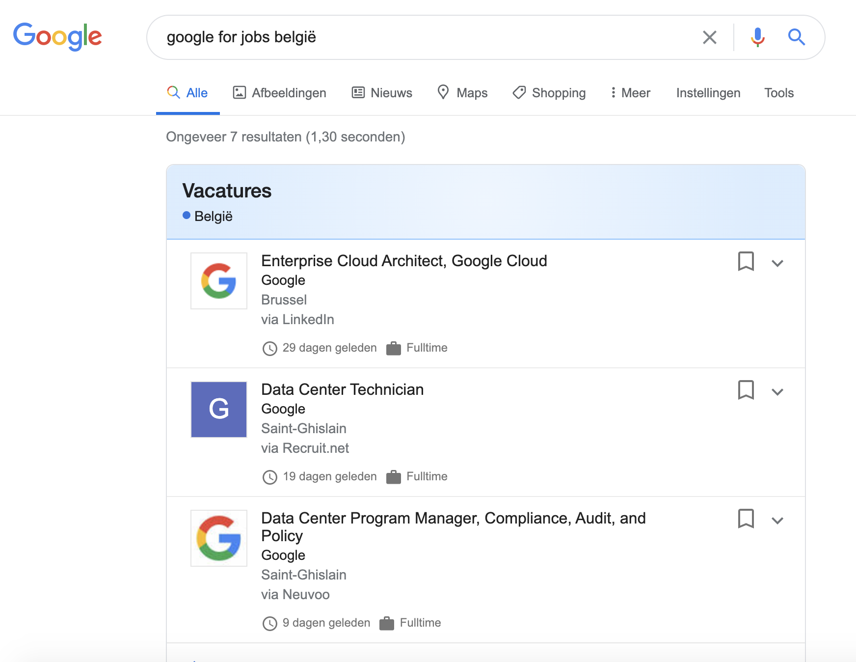 Screenshot Google for Jobs België